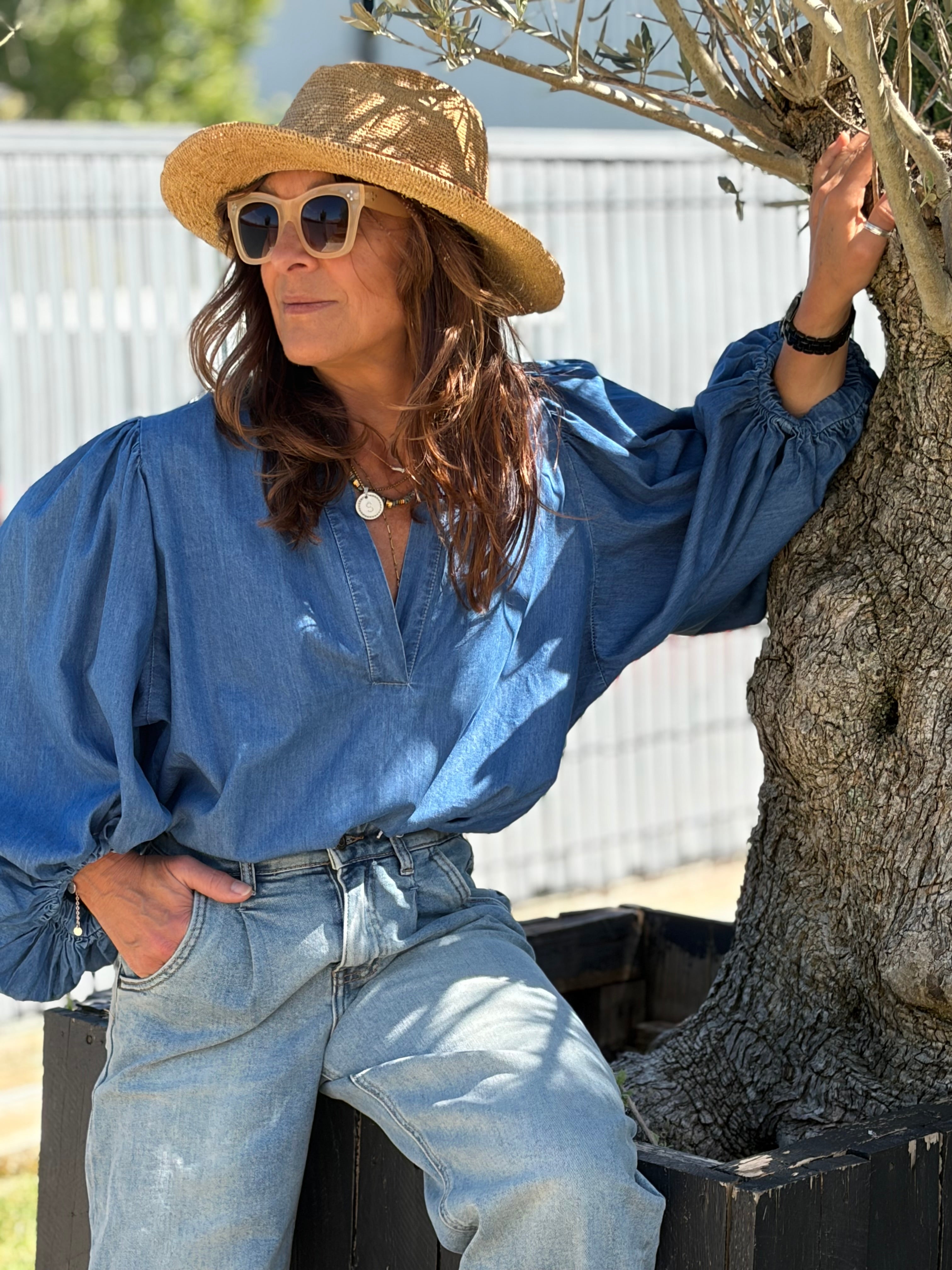 Blouse longue bleu jeans