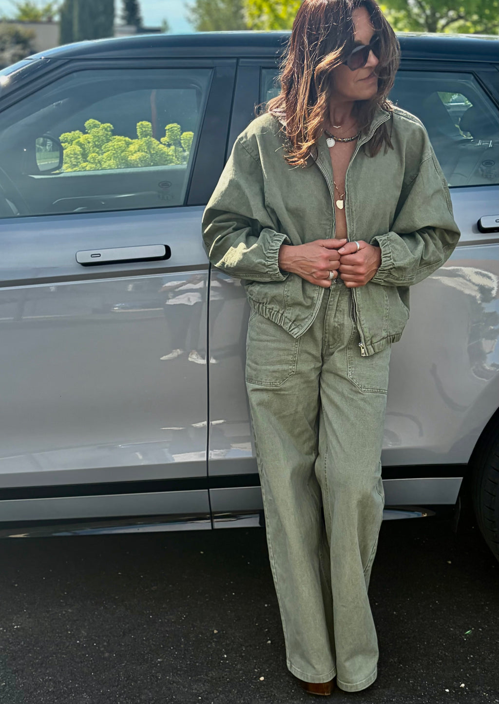 Veste Bomber en Denim Kaki Délavé