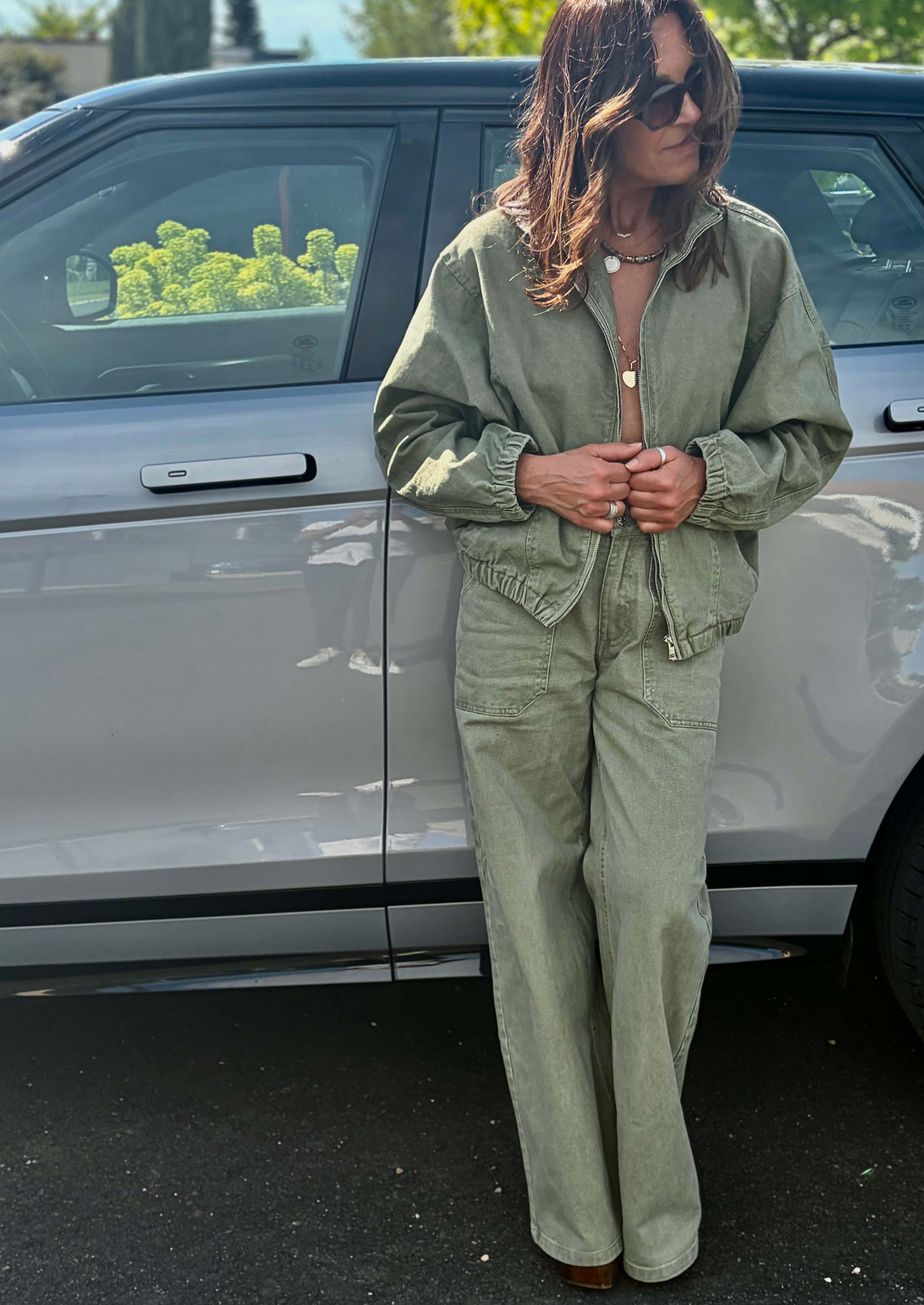 Veste Bomber en Denim Kaki Délavé