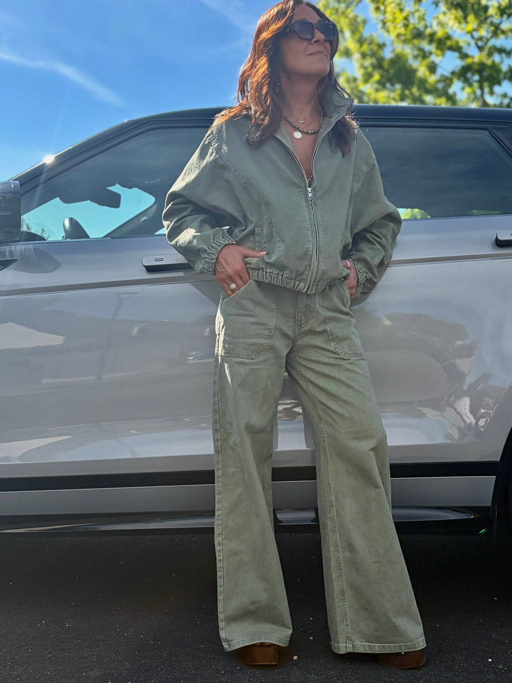 Pantalon Pattes d’Éléphant en Denim Kaki Délavé