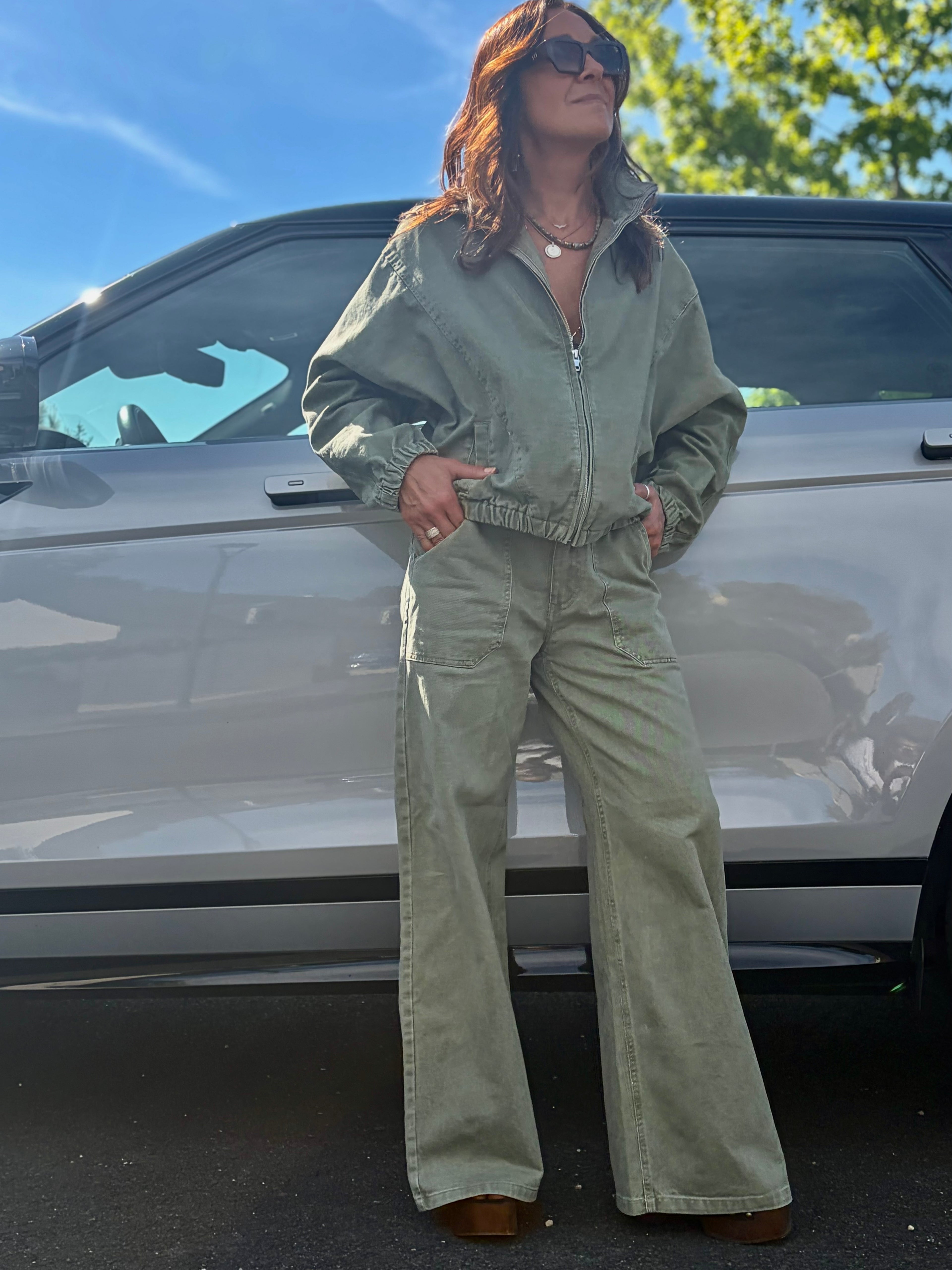 Pantalon Pattes d’Éléphant en Denim Kaki Délavé