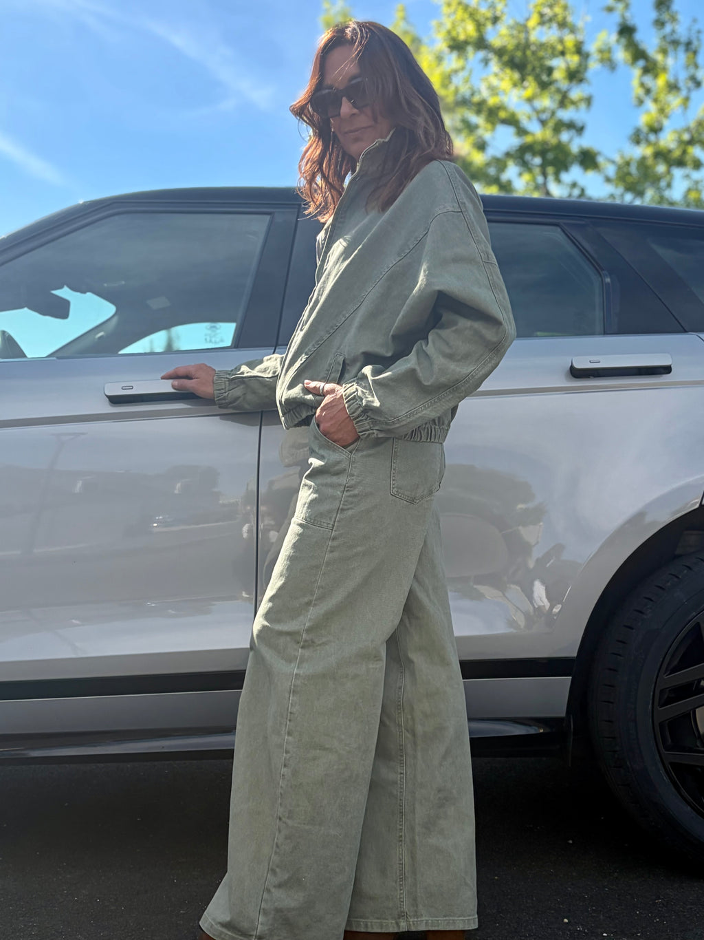 Pantalon Pattes d’Éléphant en Denim Kaki Délavé
