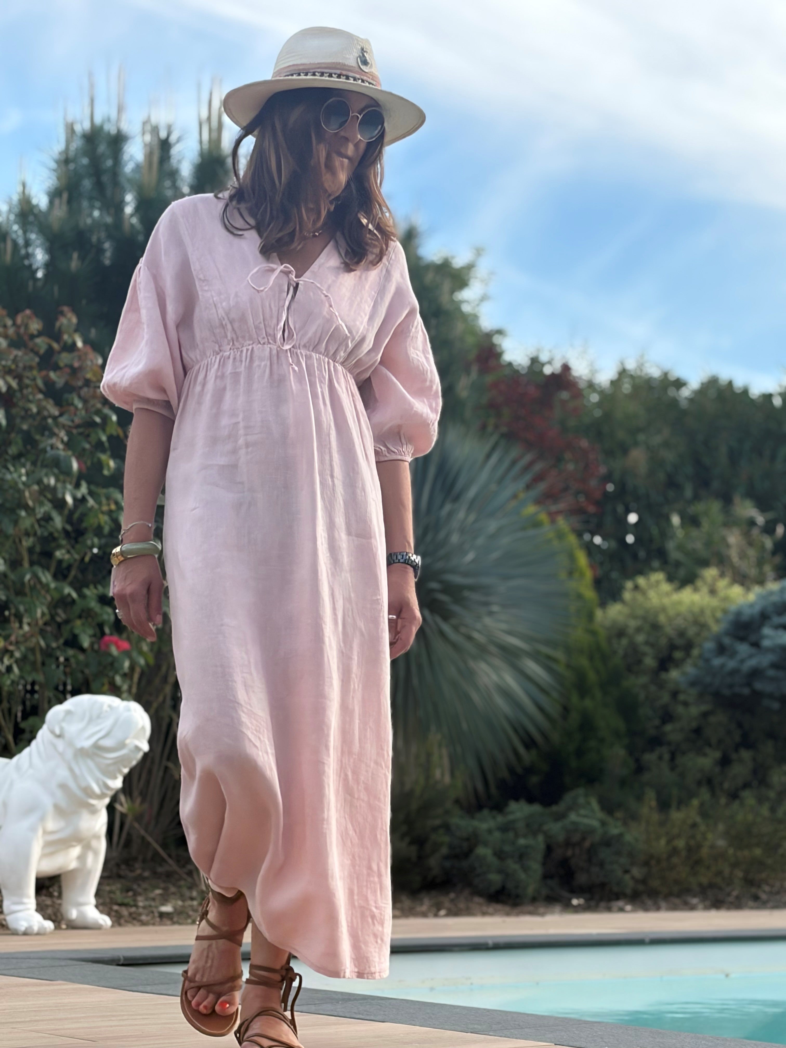Robe Longue Bohème en Lin – Col V à Nouer