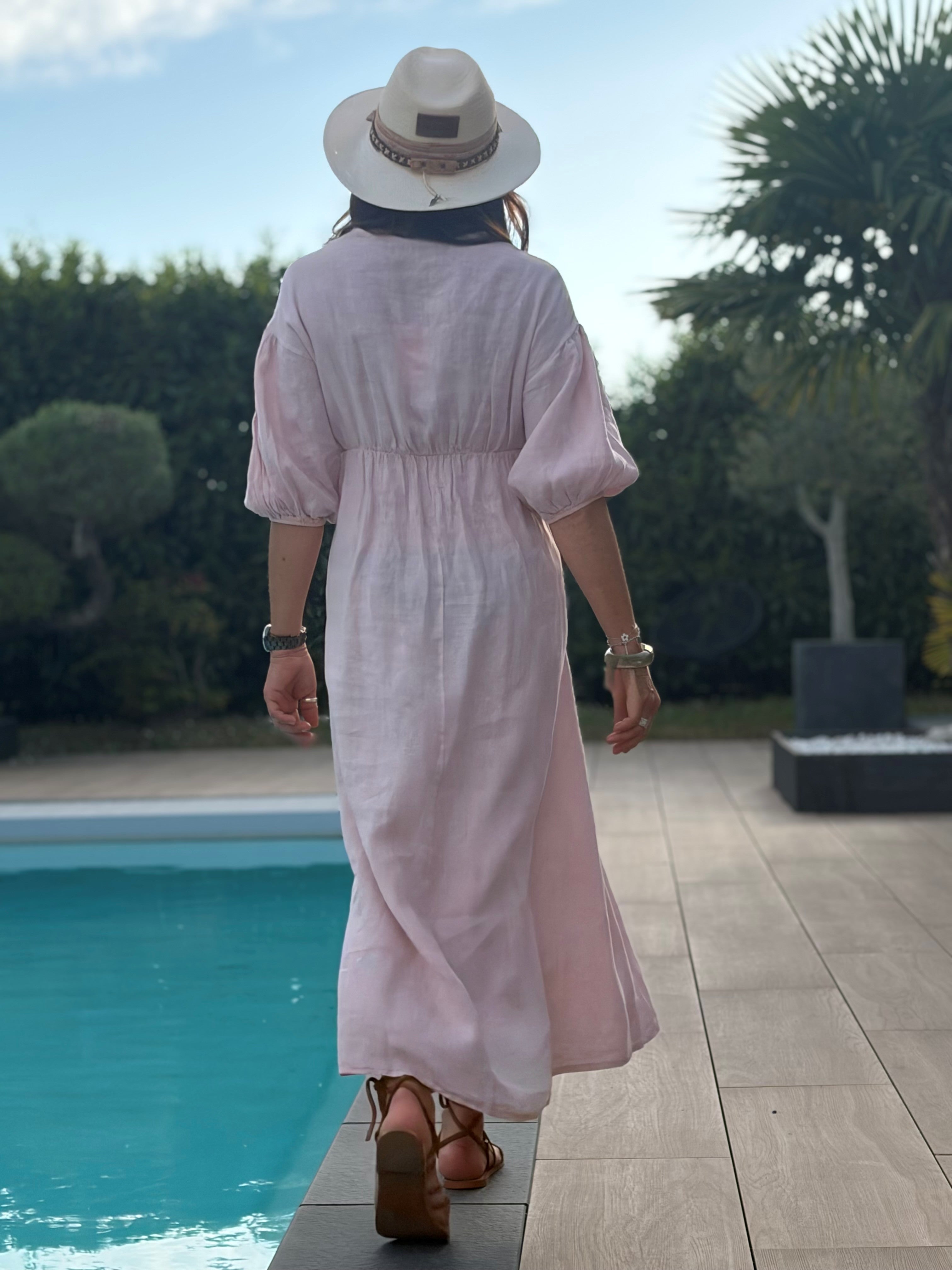 Robe Longue Bohème en Lin – Col V à Nouer